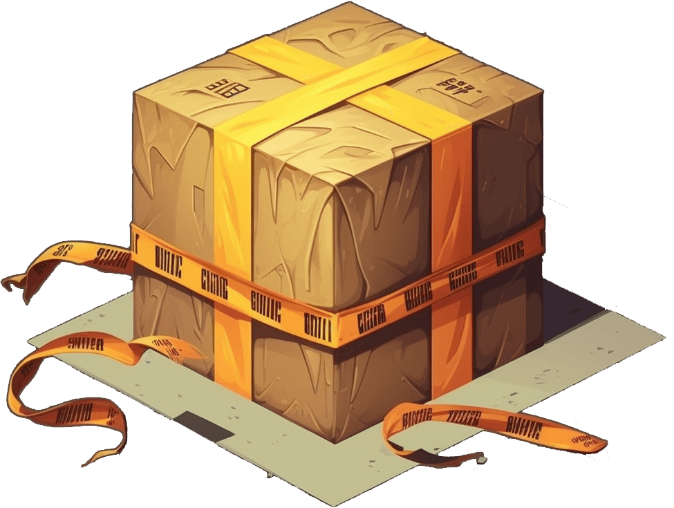 A cardboard box wrapped in yellow tape and sitting on a concrete slab.