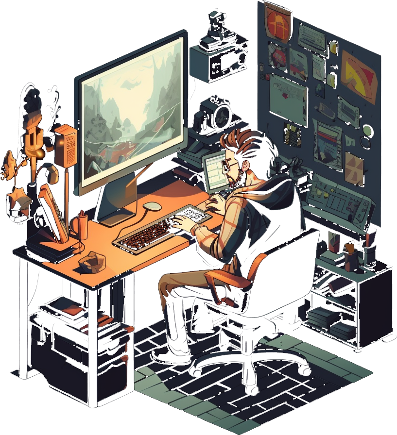 A programmer sitting at his desk, playing a game.